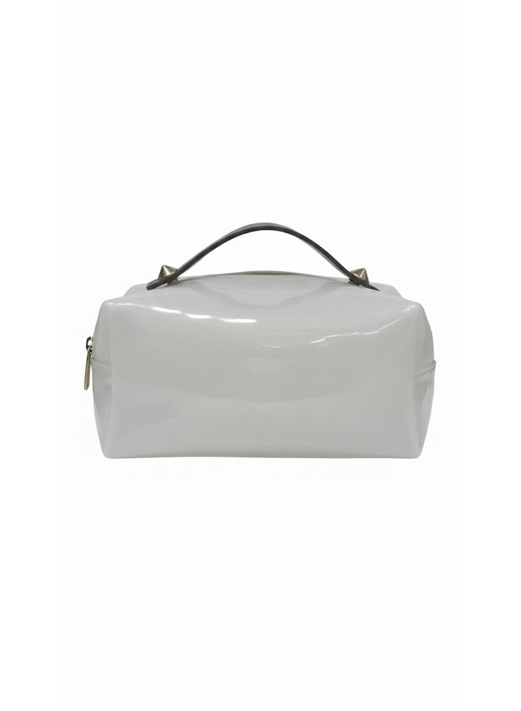 تظهر الصورة حقيبة مكياج ومنظم مستحضرات تجميل بتصميم عصري وعملي لون ابيض شفاف - Image 3